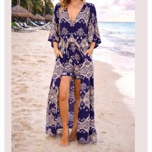 Maxi Romper with Shorts Blue White Mandala Paisley Print Kimono Sleeve Belted XL